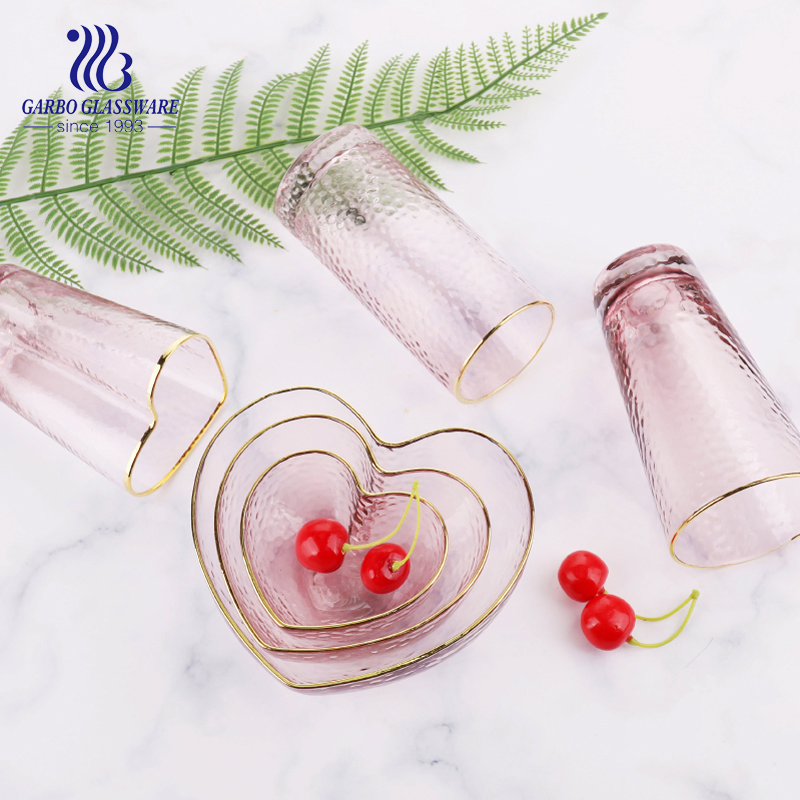 550ml Heart Shape Clear Crystal Glass Fruit Salad Sugar Bowl with Gold Rim for Wedding Decoration