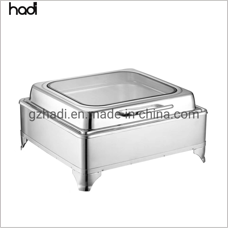 Restaurant & Hotel Supplies Luxury 9L Serving Dish Alcohol / Electric Heating Buffet Food Warmer Big Glass Lid Stainless Steel Chafing Dish