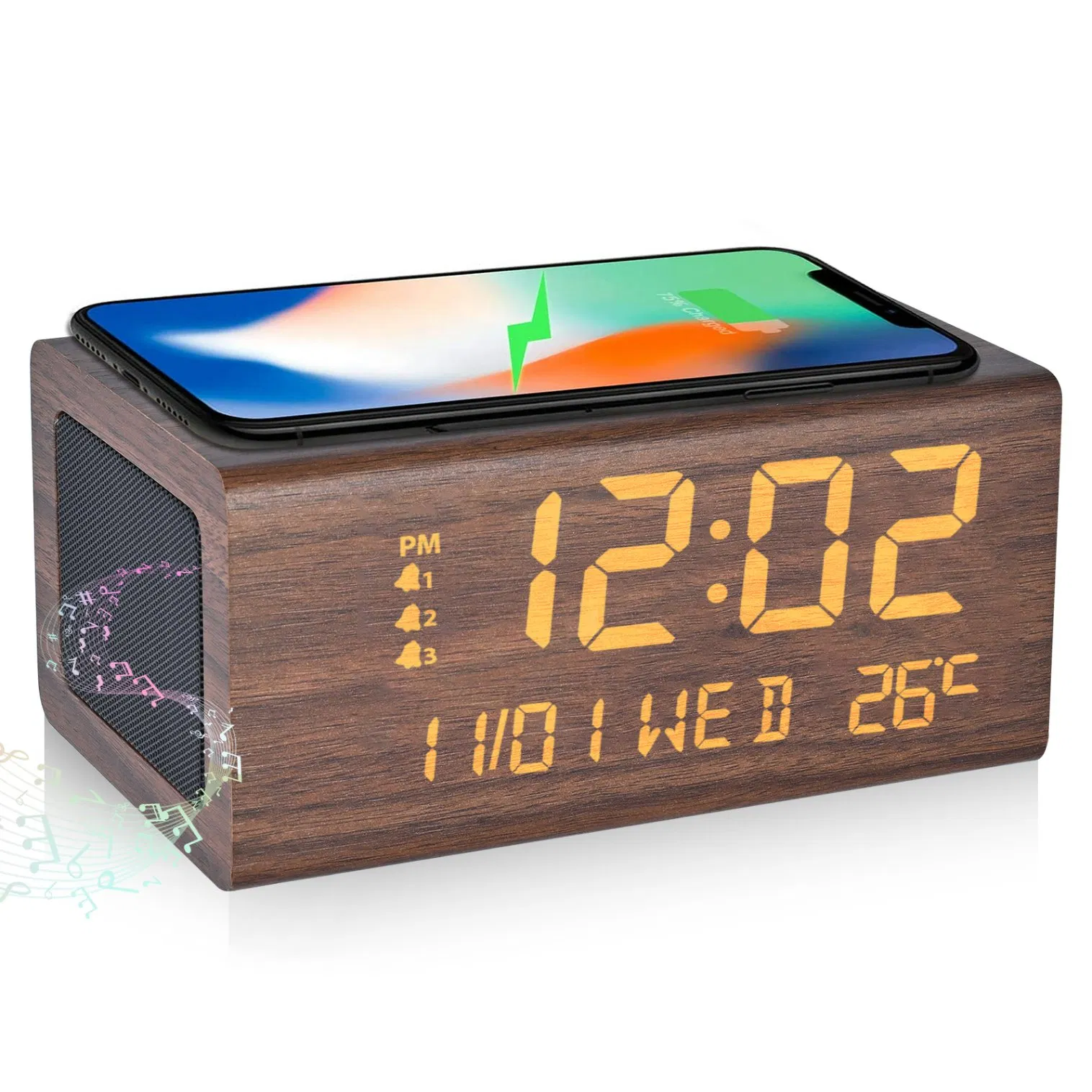 Brown Smart Table LED Calendar Clock Speaker with Phone Wireless Charger