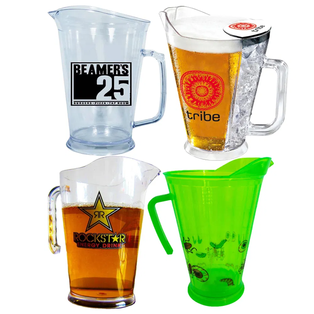1000ml 1200ml 1800ml Plastic Beer Jug Pitcher Bar / Restaurant Beer Jug with Handle and Customized Printed Logo for Molson Canadian Lagunitas Miller