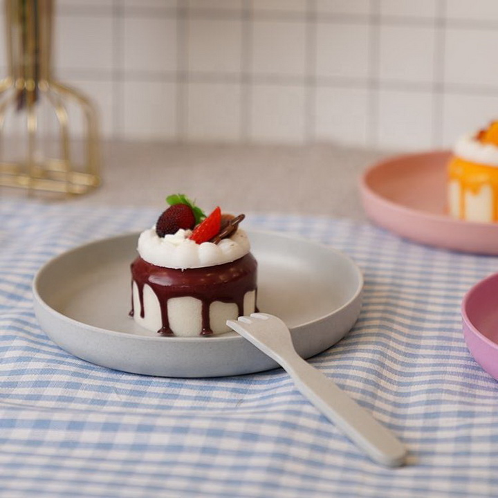 Bamboo Fiber Children Spork Spoon Dinner Plate Cup 5 Pieces Tableware Set