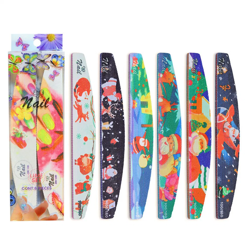 Professional 80/100/150/180/240 Nail File Emery Board Manicure Pedicure Tool Custom Logo Double-Side Christmas Design Nail File Set