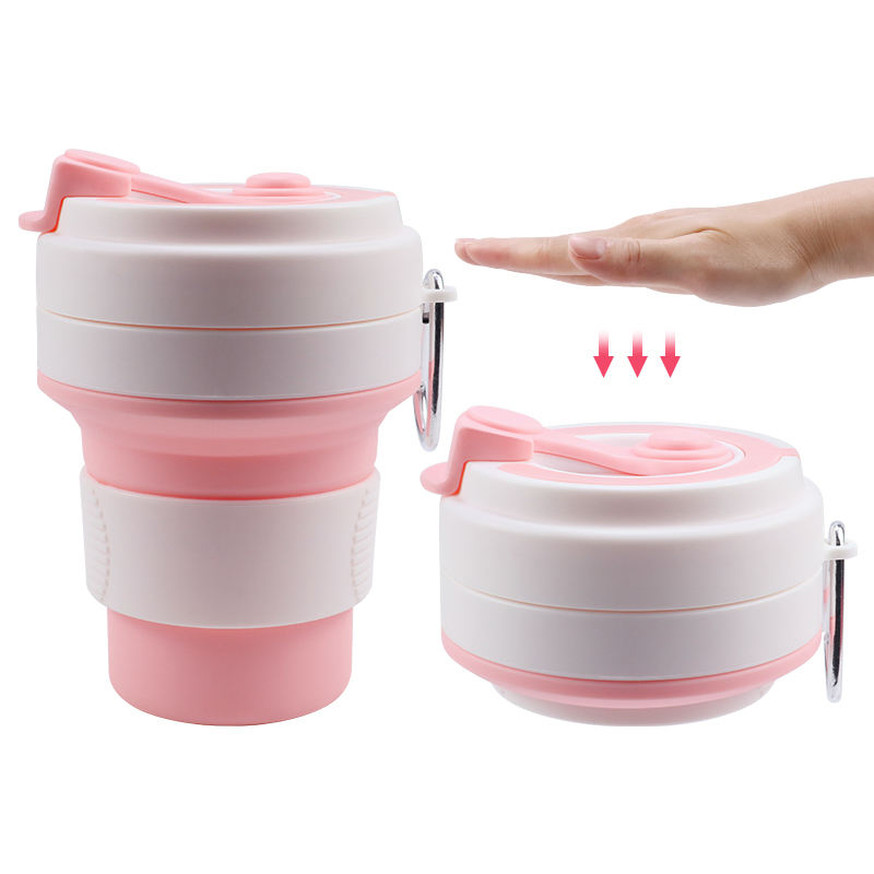 BPA Free Silicone Foldable Travel Coffee Mug 350ml 12oz Silicon Reusable Collapsible Cup with Lid and Carabiner