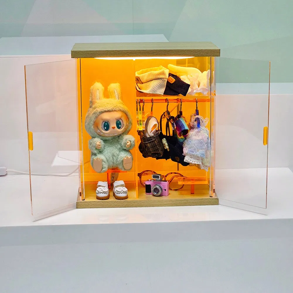 Clear Acrylic Languo Modern Customizable Clothing Display Case with Light and Wooden Base