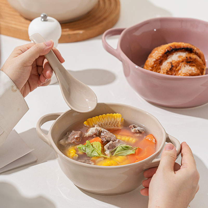 Durable Ear Soup Bowl Ceramic Tableware Serving Ramen Noodles Bowls with Handle