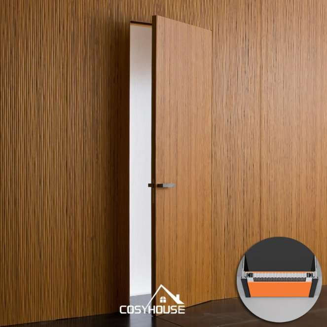 Sophisticated Hidden Wood Door with Slim Aluminum Border for Urban Interiors