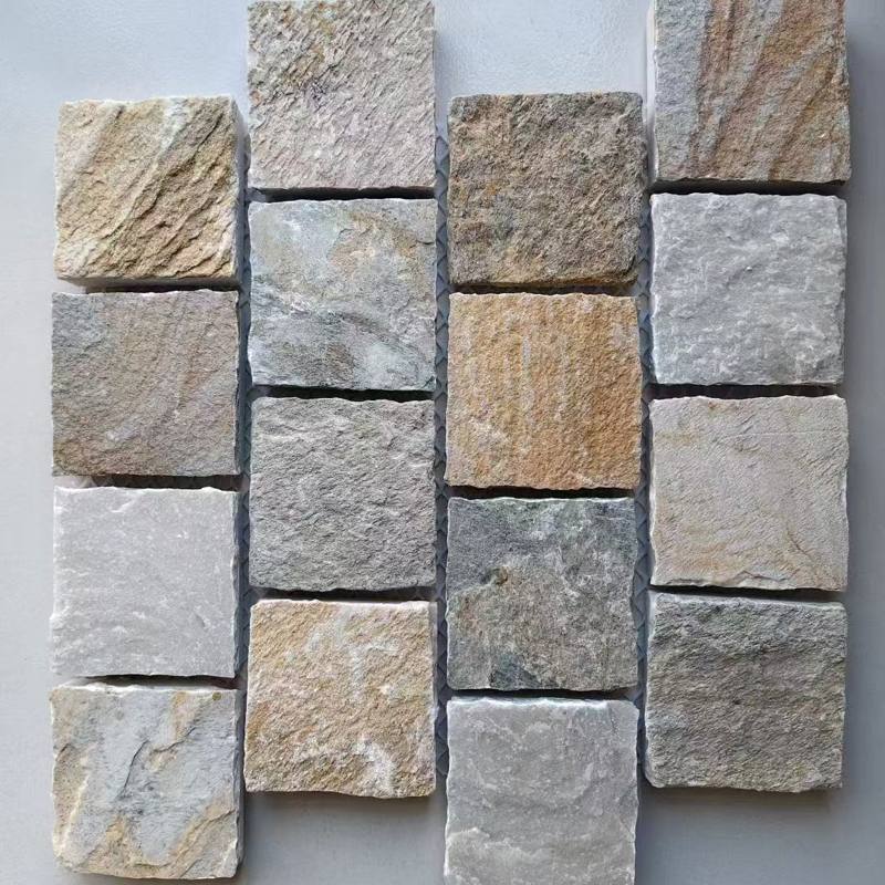 High Quality Mesh Yellow Grey Slate Mosaic Tiles for Villa Exterior Wall and Paving