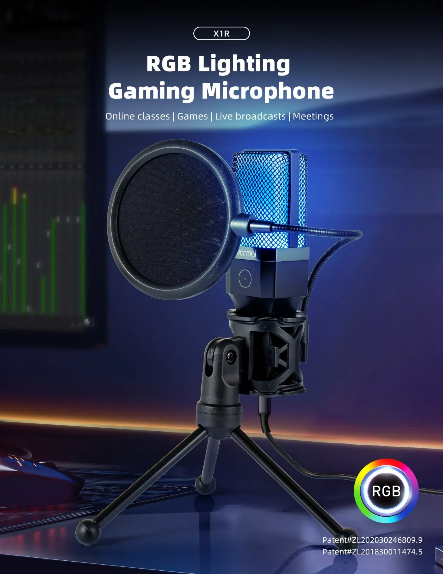 X1r Gaming Microphone with Dynamic RGB Lighting, USB Plug & Play