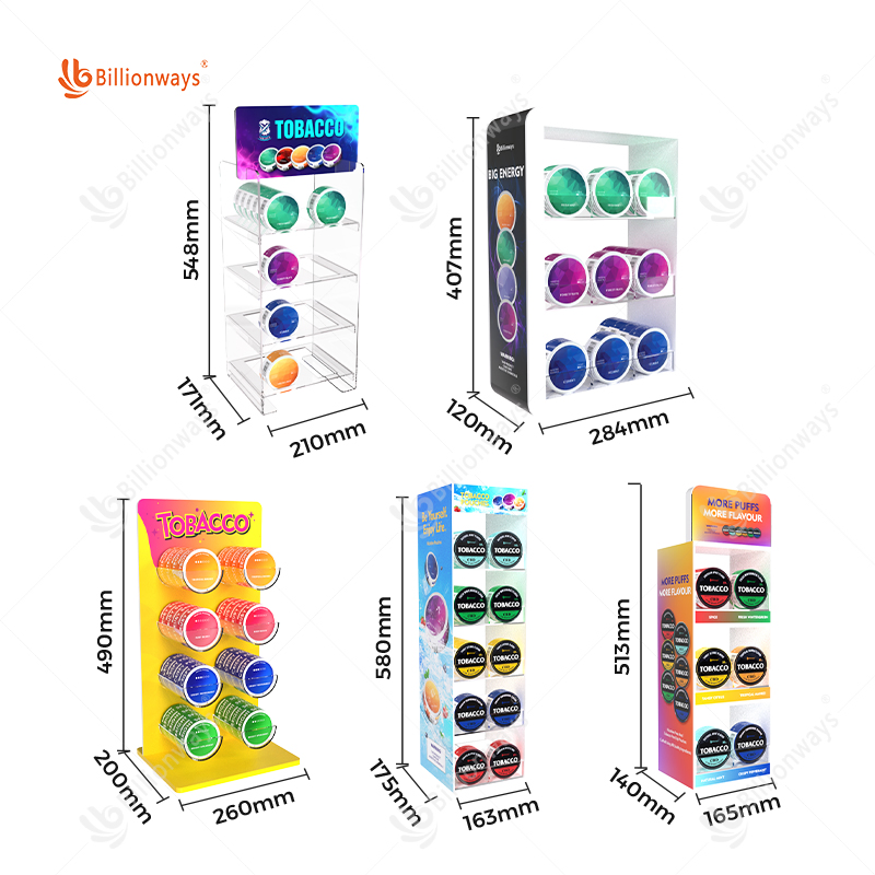 Customizable 4 Tiered Acrylic Snus Display Racks for Gas Station Chewing Tobacco Display