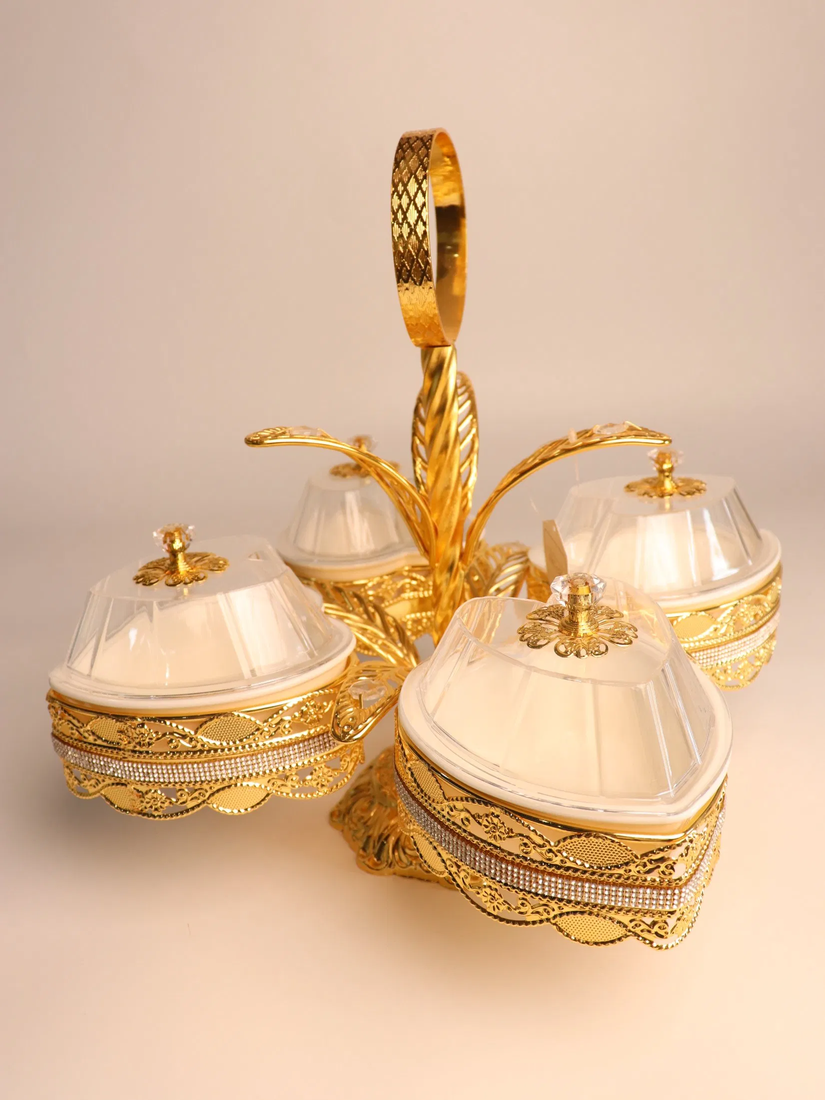 Elegant Fruit Tray with Gilded Ironwork and Four Plastic Bowls