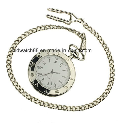 Best Open Face Mens Silver Quartz Pocket Watch with Chain