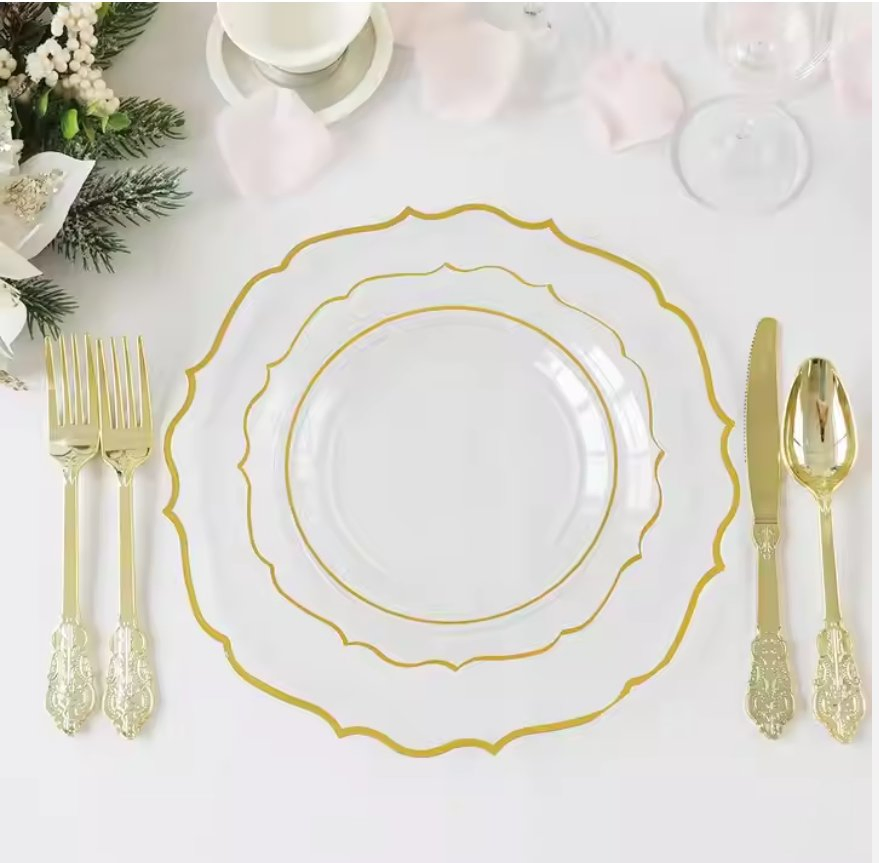 10.25inch Gold Disposable Table Dinner Wedding Decoration White and Gold Plastic Plates for Weddings & Parties & Thanksgiving