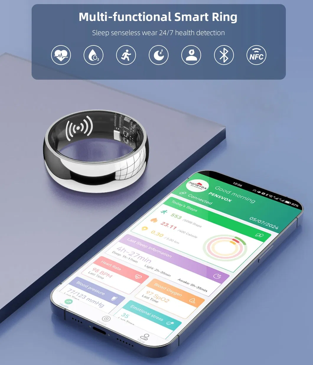 Titanium Smart Health Ring with Blood Oxygen Heart Hrv Tracking Wearable Devices NFC with Wireless Charging Case for Ios & Android APP.