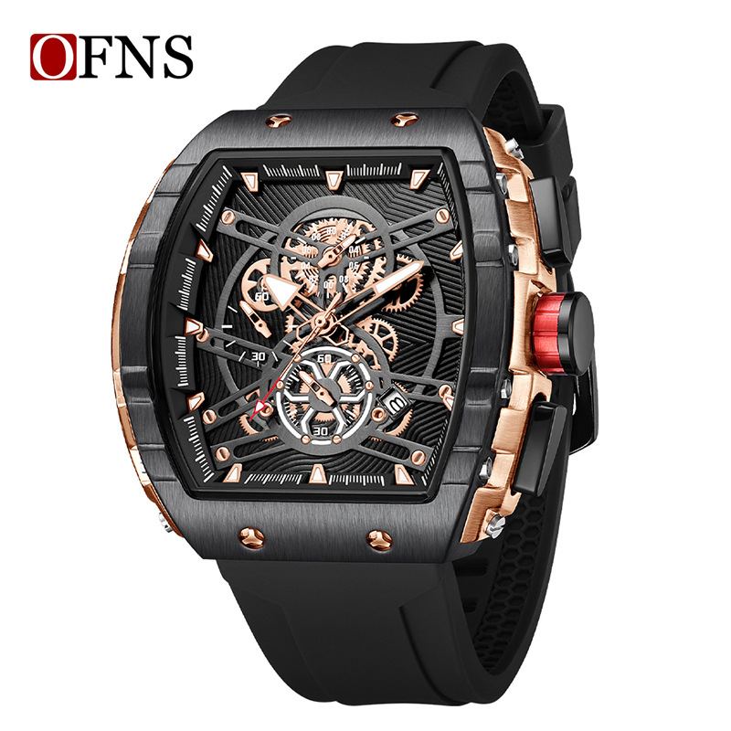 Ofns Fashion Business Men's Quartz Watch Tonneau Shape with Date Rubber Strap