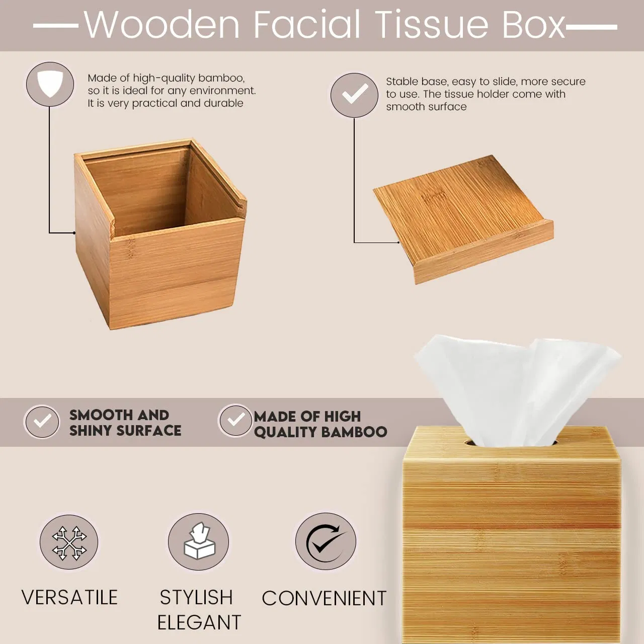 Square Bamboo Cover Wooden Facial Tissue Dispenser Bathroom Office Tissue Box