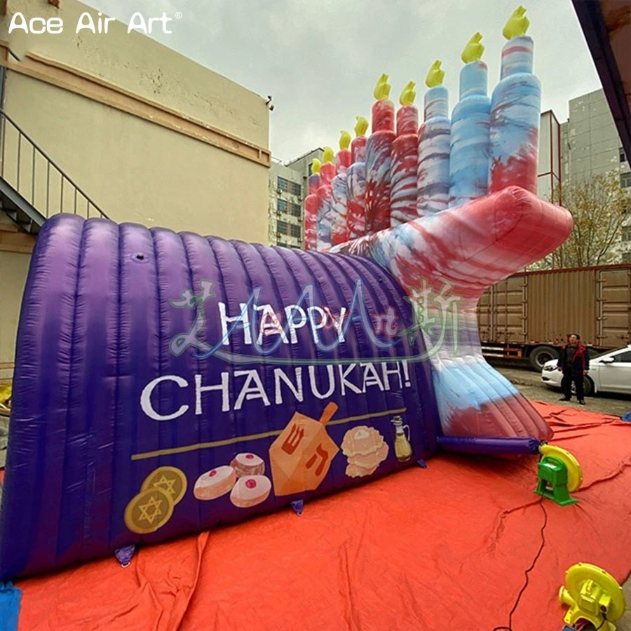 Portable Inflatable Hanukkah Menorah Tunnel Tent Fully Painted Candlestick Channel Tent for Holiday Decoration