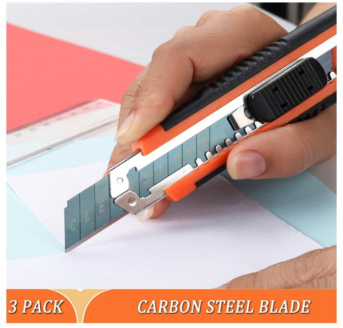 Utility Knife Heavy Duty Box Cutter 3 Pack, Craft 18 mm Retractable and Auto Charge - Work Perfect in Everyday Use, Rubber Handle, a,B,S Body and Anti-Rust Blac