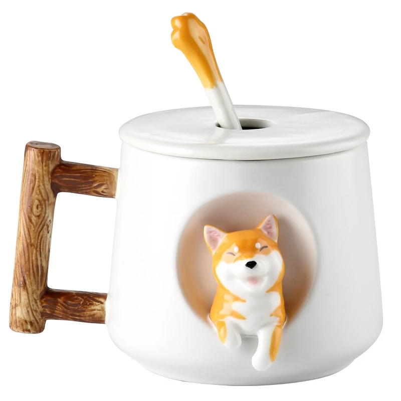 Creative Ceramic Personality Cute Mug with Lid Spoon Coffee Cup Shiba Inu Cup Gift