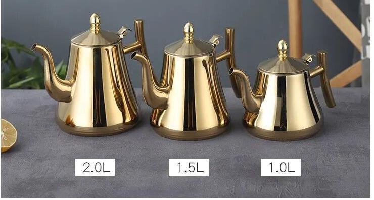 Stainless Steel Coffee Kettle Multicolor Tea Pot 420ml 1.0L/1.5L/2.0L Capacity Gold & Sliver Tea Water Kettle
