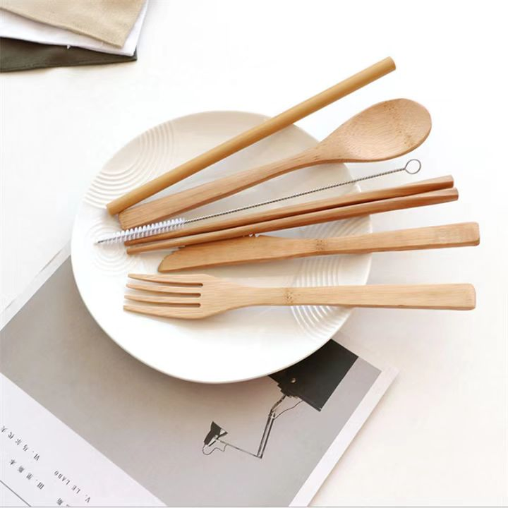 Wholesale Custom Travel Portable Reusable Organic Bamboo Spoon Fork Chopsticks Flatware Utensil Cutlery Set in Pouch