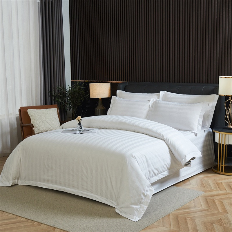Cotton Comforter Cover Pillowcases Flat Bed Sheets 3cm Satin Stripe Hotel Bed Sets Customized Embroidered Bed Linen Bedding Set
