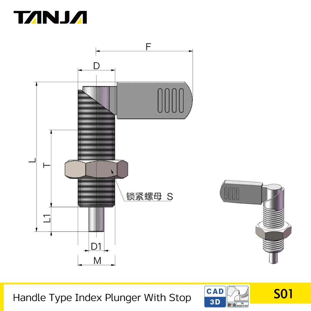 Index Plunger Stainless Steel Pin Body Black Plastic Head Indexing Plunger