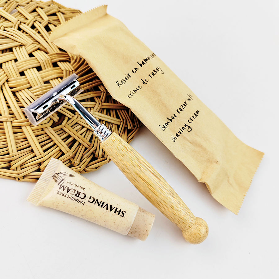 Eco-Friendly Natural Bamboo Handle Razor with 10g Wheat Bran Shaving Cream.