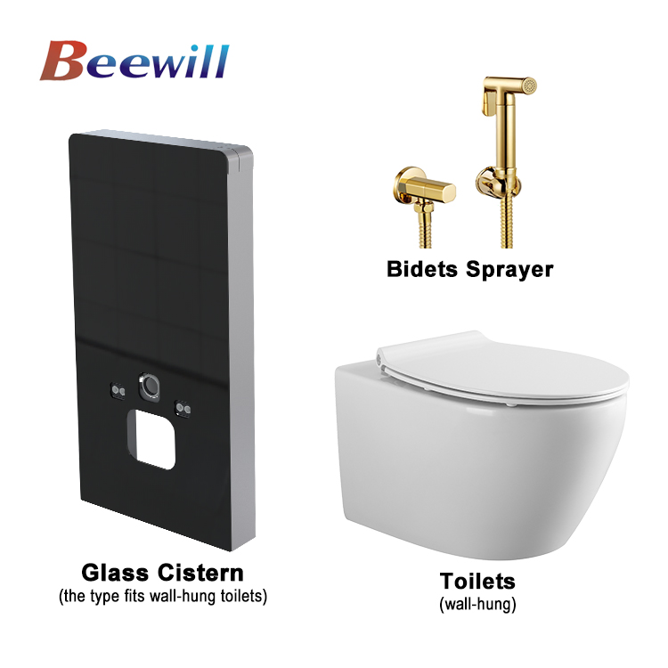 Modern Style Wall-Hung Toilet Bidet Dual-Flush Toilet with Glass Panel Flush Water Cistern