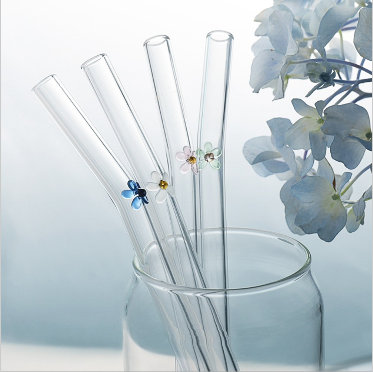 Customized Flower Logo High Borosilicate Glass Straw