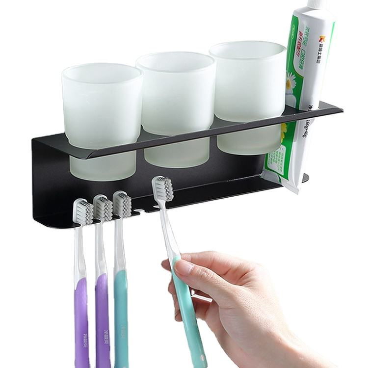 Bathroom Accessoires Space Aluminum Three Glass Cups Teeth Brush Toothpaste Holder