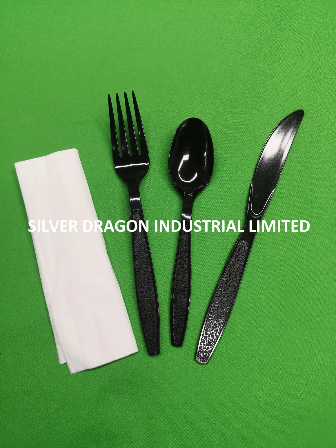 Black Disposable PS Plastic Cutlery Set (includes fork, knife, spoon & tissue each)