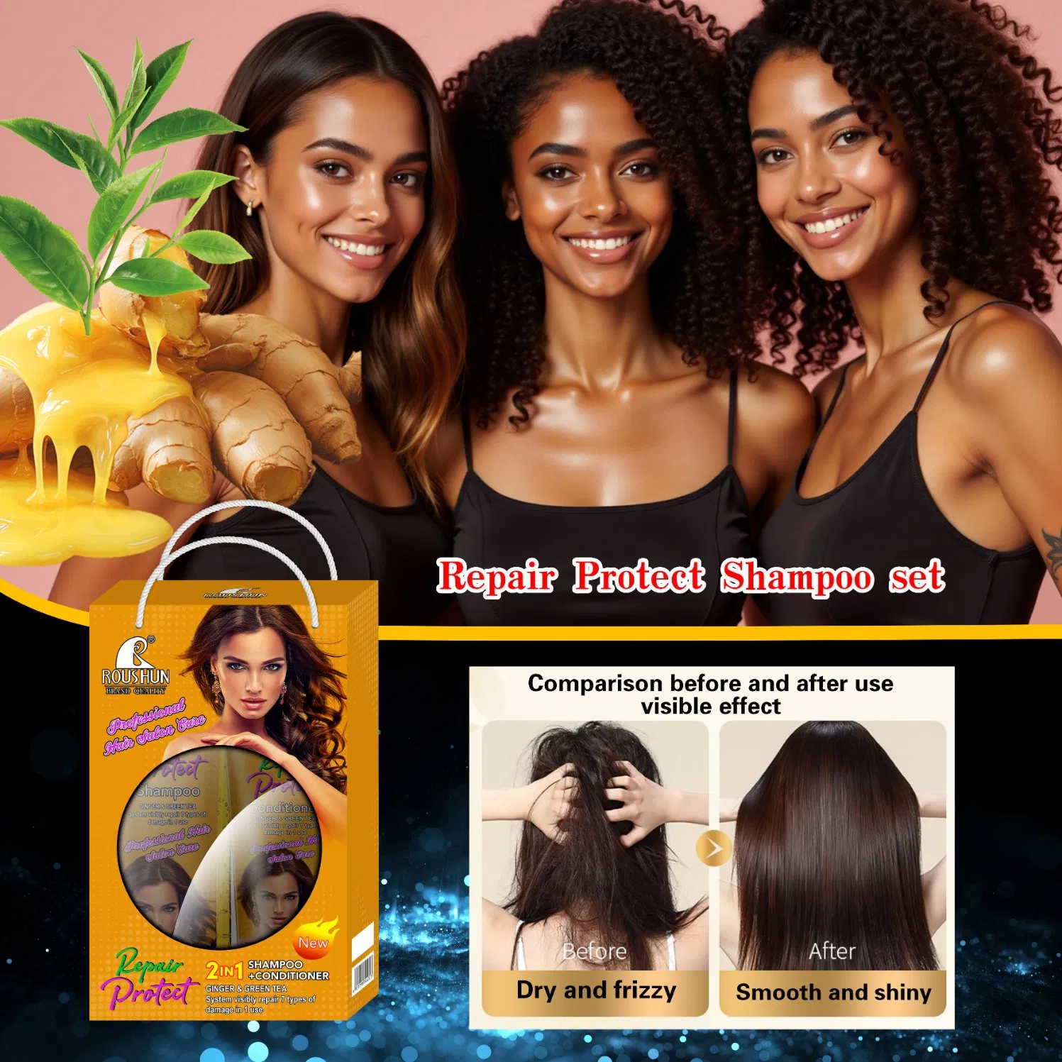 Roushun Repair & Protect 2-in-1 Shampoo & Conditioner Set with Ginger & Green Tea