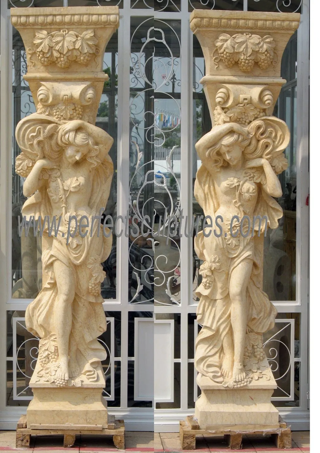 Entrance Main Gate Square Pillars Carved Stone Sculpture Columns with Marble Carving Lady Statue (QCM124AB)