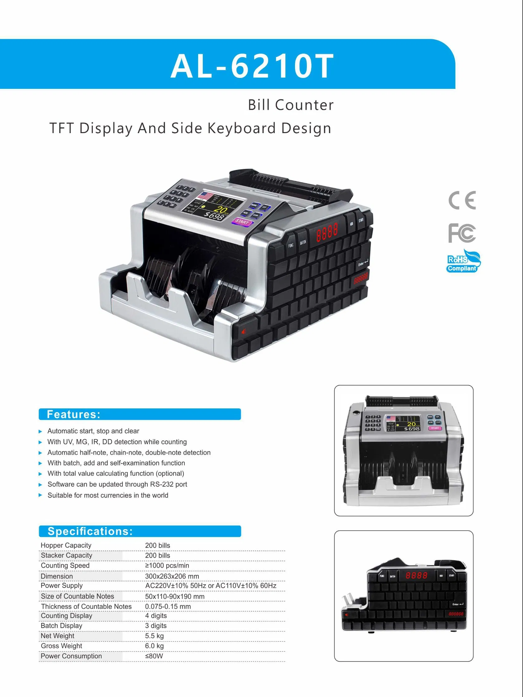 Al-6210t Automatic Detecting Fake Money with UV/Mg/IR Cash Counting Machine Bill Counter Machine