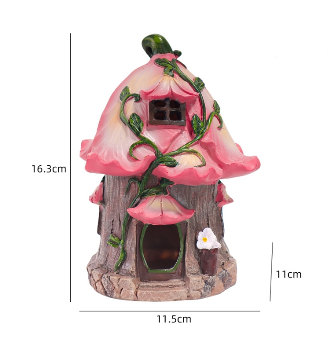 Garden Landscape Resin Mushroom Pink House with Solar Light Figurine