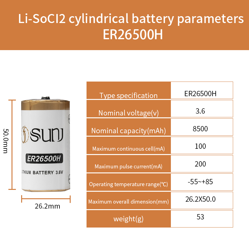 Water Gas Meter Power Er26500h Cylindrical 3.6V Lithium Lisocl2 Primary Battery