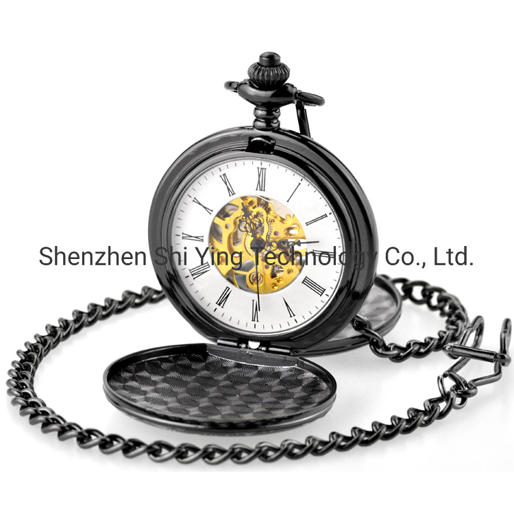 Customized Two Cover Black Skeleton Mechanical Pocket Watch with Chain