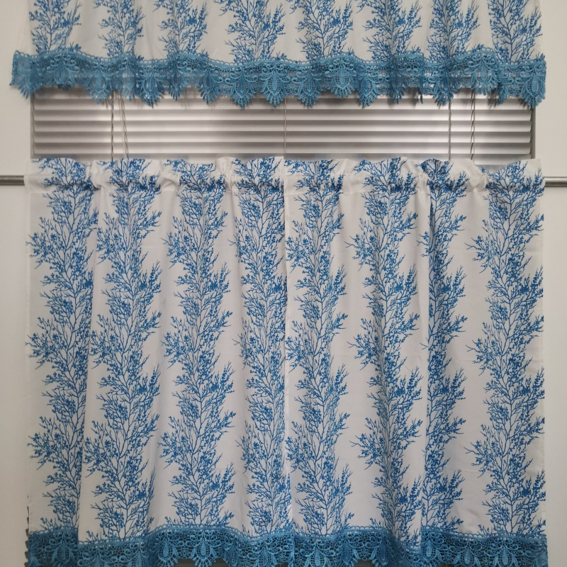 Digital Printed Polyester Kitchen Curtain Set with Lemon Fruit Pattern and Green Lace Trim