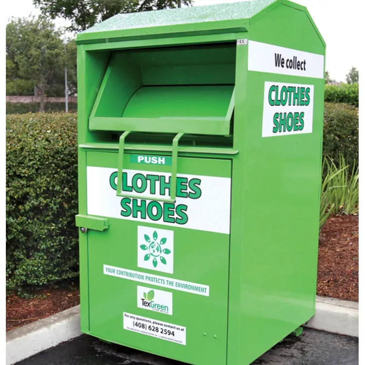 Outdoor Used Clothing Donation Drop Box Metal Green Clothing Donation Bin