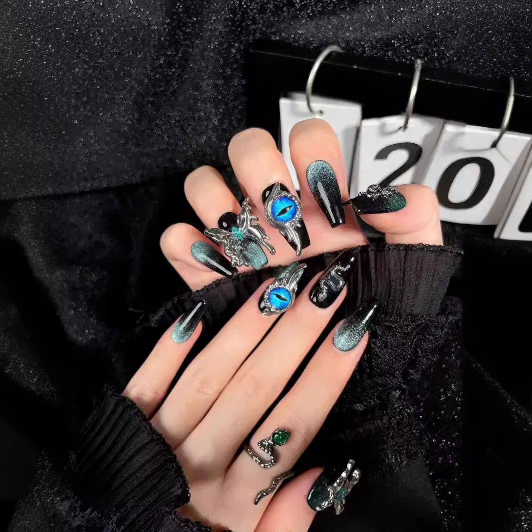 Handemade Press on Nails Snake Blue Eyes Butterfly Diamond Punk Style