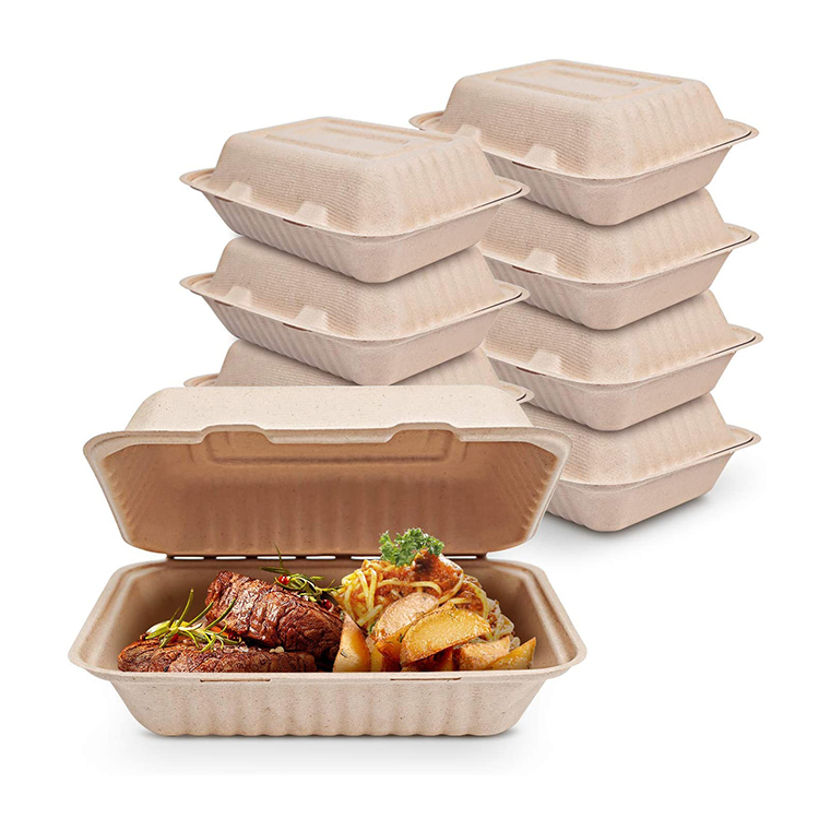 8X8X3" Compostable 3-Compartment Clamshell Sugarcane Bagasse Pulp Hinged Food Container