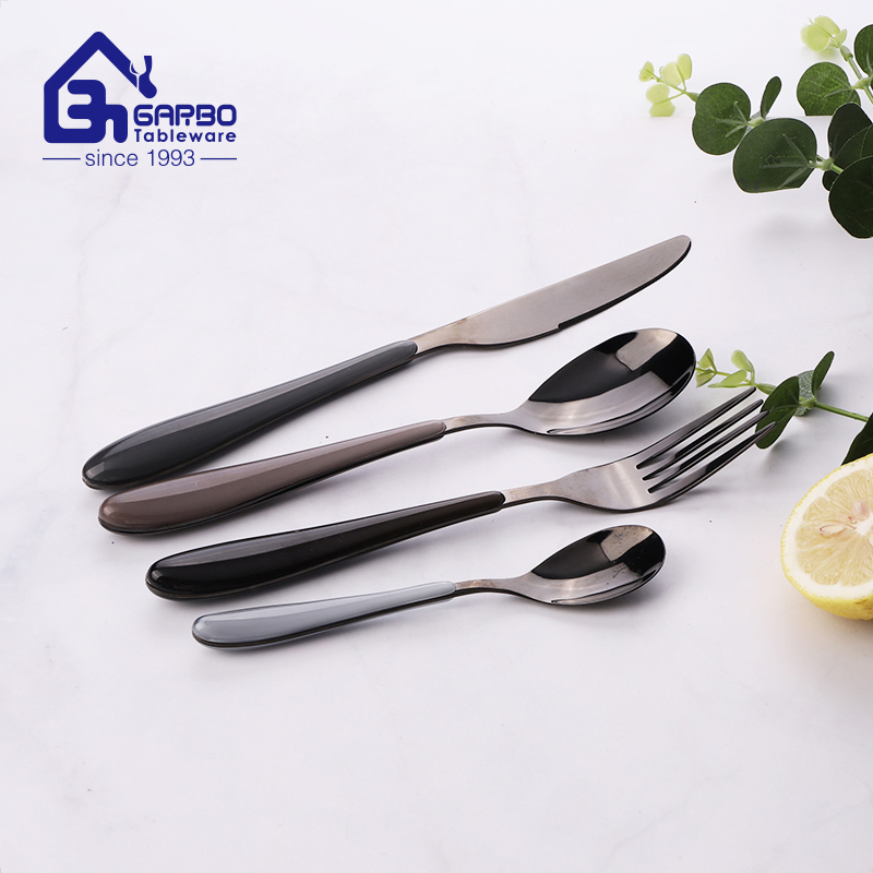 Hot Sale High-End Handmade Black Stainless Steel Polishing Flatware Set Tableware Set Electronic-Plating Knife Fork Spoon Light with Classical Plastic Handle