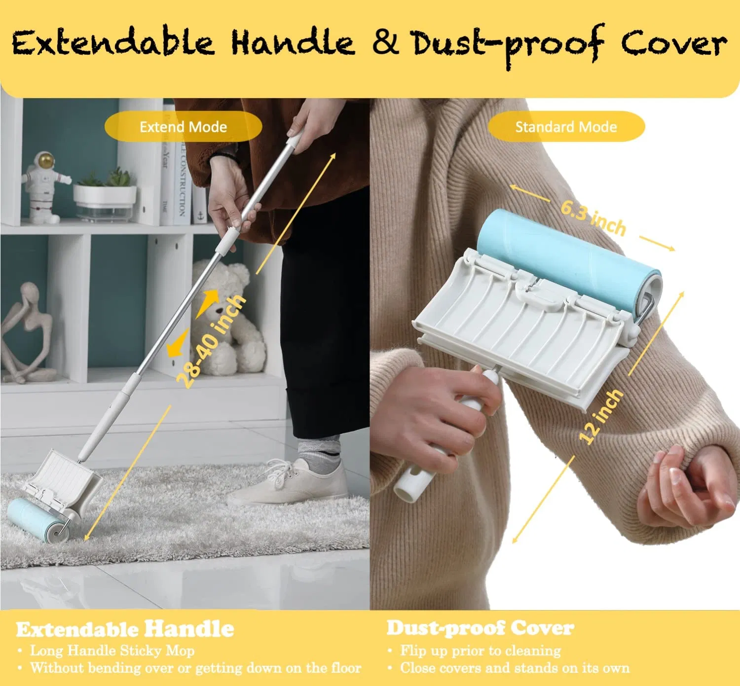 Extendable-Handle Dust-Proof Sticky Mop 6.3'' Wider 240 Sheets Large Surface Lint Roller