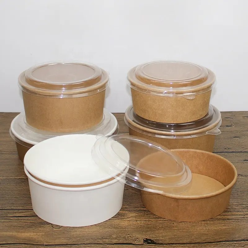 Eco Friendly Disposable Take Away Kraft Paper Salad Bowl with Lid
