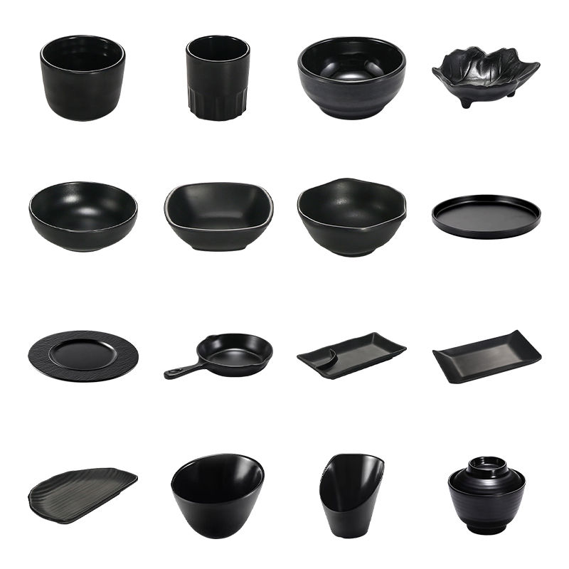 Japanese Style Plastic Melamine Dinnerware Black Matte Restaurant Serving Tableware Set