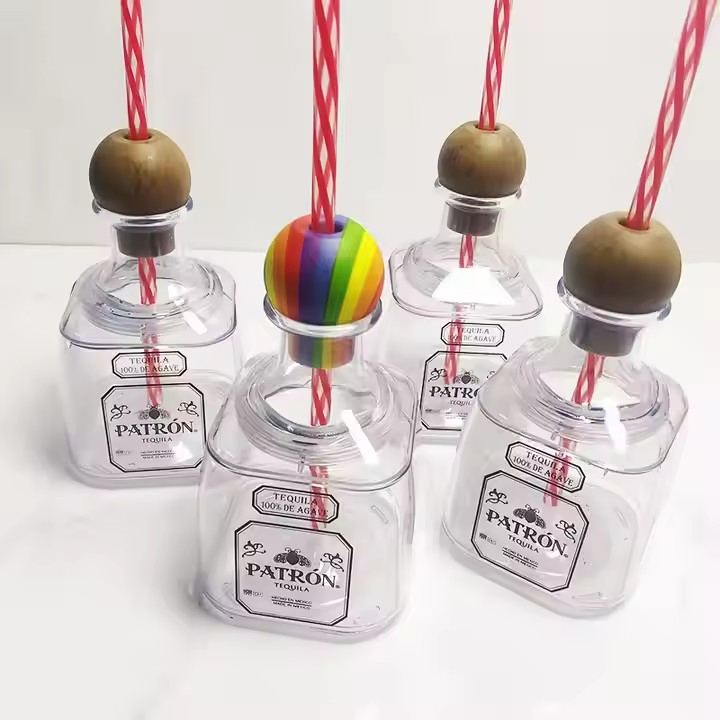 375ml Unbreakable Plastic Tequila Bottle Cup with Straw and Cap