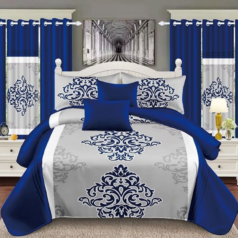 Customizable Blue Duvet Cover Printed Comforter Polyester Bed Linen Pillow Sham Colored Sheets 11 Piece Home Textile Quilted Bedspread Bedding Set with Curtain