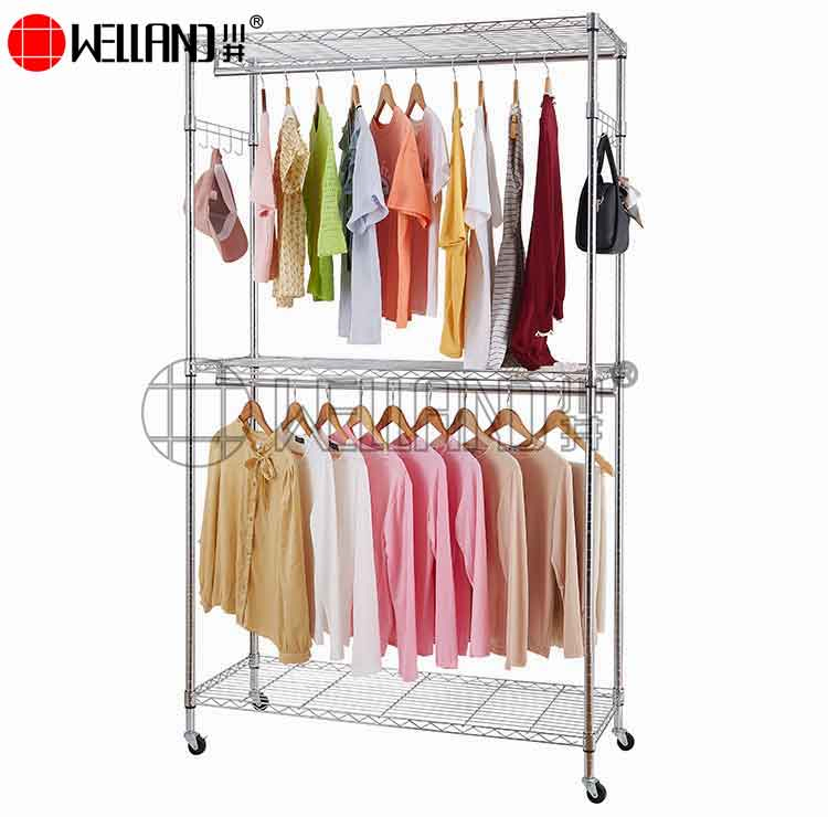 Modern Metal Clothes Rack Bedroom Wardrobe Closet 3 Tier Heavy Duty Rolling Garment Rack for Hanging Cloth