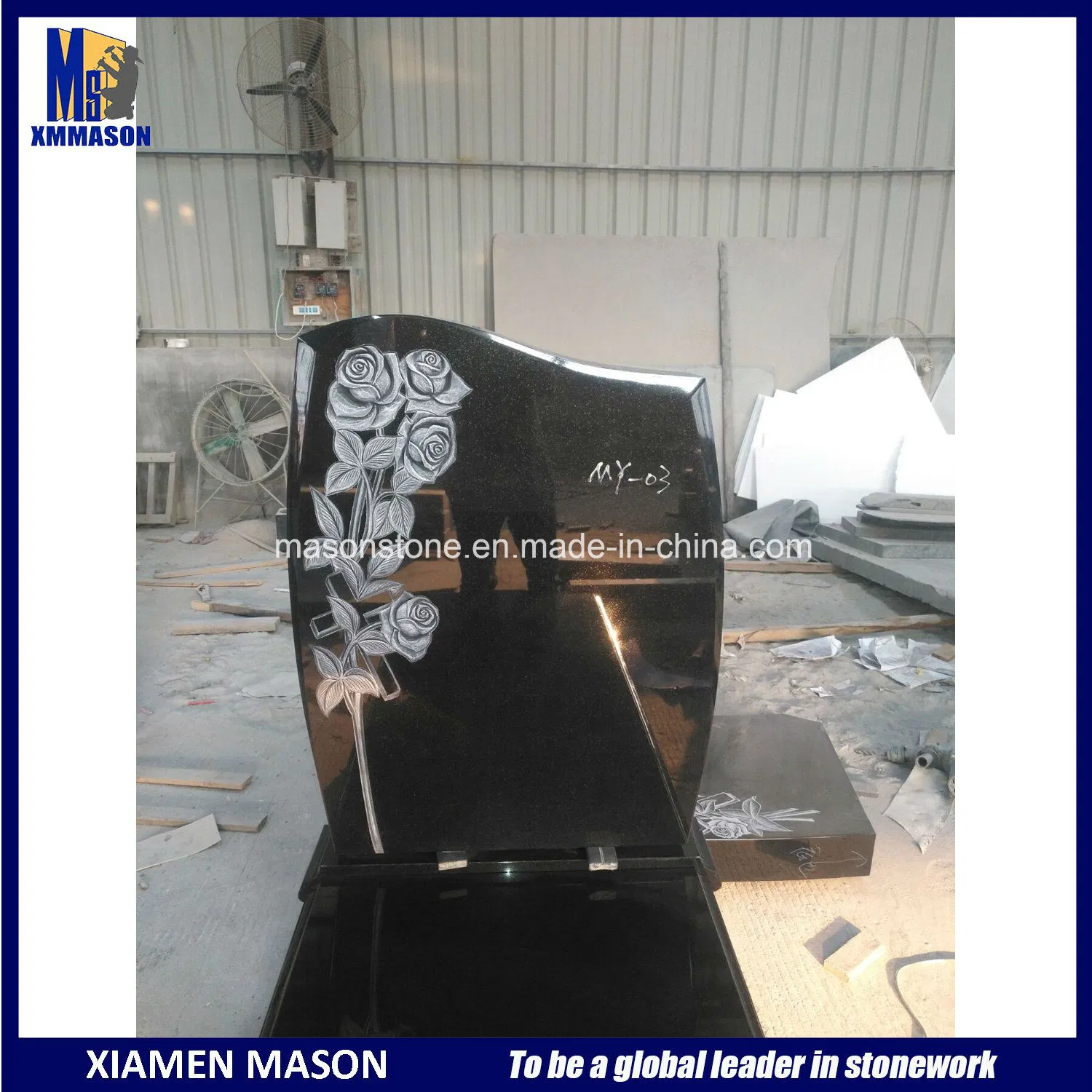 Absolutly Black Granite Tombstone with Roses Carved Headstone