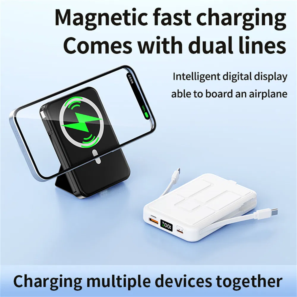 Zkd-01 10000mAh Portable Charger 15W Magsafe Magnetic Wireless Power Bank Built in IP + Type C Cables and Stand